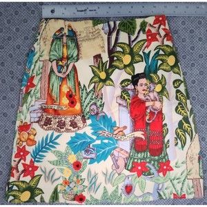 Frida Kahlo Pencil Skirt Small Handmade Mexican Folk Art Print Tropical Boho Fes